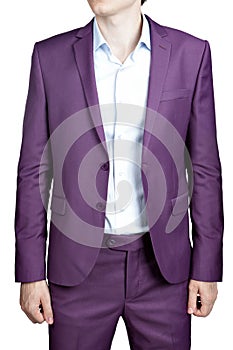 Purple mens wedding costume, blazer and trousers, isolated on wh