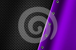 Purple metal background with rivet on gray metallic mesh.