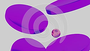 Purple metal balls falling down, jumping from one disc with flat reflective surface to another. Design. Hypnotic and