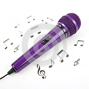 Purple microphone with music notes isolated on white photo