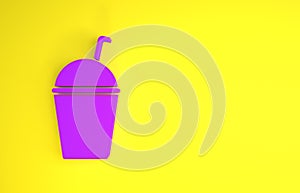 Purple Milkshake icon isolated on yellow background. Plastic cup with lid and straw. Minimalism concept. 3d illustration