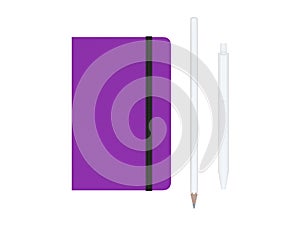 Purple moleskine or notebook with pen and pencil and a black strap front or top view isolated on a white background 3d rendering photo