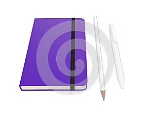 Purple moleskine or notebook with pen and pencil and a black strap front or top view isolated on a white background 3d rendering photo