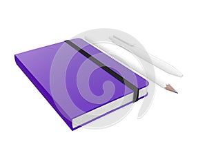 Purple moleskine or notebook with pen and pencil and a black strap front or top view isolated on a white background 3d rendering photo
