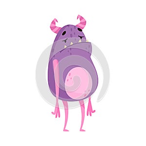 Purple Monster with Horns Expressing Sadness Vector Illustration