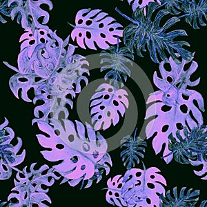 Purple Monstera Design. Green Seamless Design. Coral Tropical Plant. Pattern Leaf. Watercolor Jungle. Floral Set. Summer Leaves. I