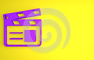 Purple Movie clapper icon isolated on yellow background. Film clapper board. Clapperboard sign. Cinema production or