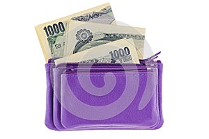 Purple multi layered leather zippered coin pouch with Japanese Yen banknote