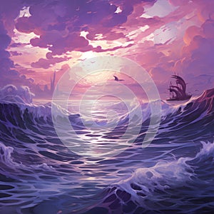 Purple Neoclassicism Seascape Abstract Painting With Waves And Ship