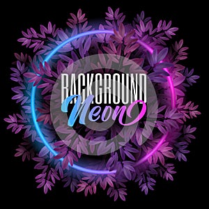 Purple neon frame. Violet Tree leaves branches. Luxury banner design. Glowing neon round border. Vector background in