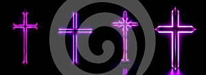 Purple neon glowing cross set. Symbol of the crucifixion of Jesus Christ