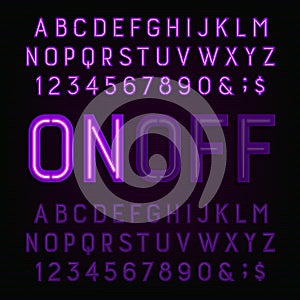 Purple Neon Light Alphabet Font. Two different styles. Lights on or off.