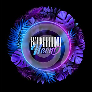 Purple neon round tropical banner template for summer beach party. flyer with exotic palm leaves and plants. Vector photo