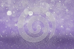 purple nice glossy glitter lights defocused bokeh abstract background and falling snow flakes fly, festal mockup texture with