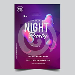 Purple Night glow light party music night poster template. Night dance disco party music night poster template. Party event flyer