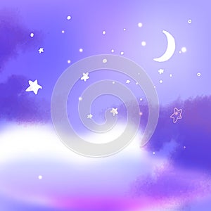 Purple night sky with moon, fluffy clouds and lots of stars. Dream illustration, peaceful fantasy background