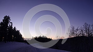 Purple Night Sky and Pinetrees in Swedish winter landscape of Are Valadalen, Jamtland