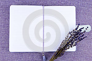 Purple notebook and flowers on purple background with copyspace, top view. Concept of planning day, wishes, thoughts and future g