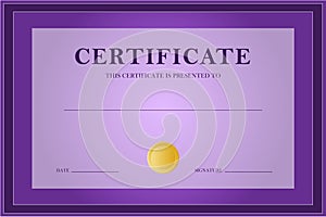 Purple official certificate of achievement template, vector illustration