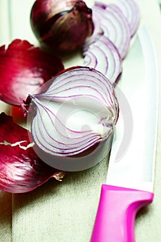 Purple onions and a kitchen knife lie on a lain towel