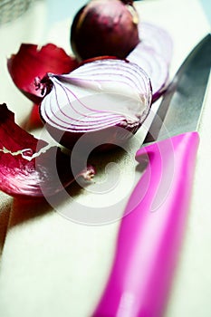 Purple onions and a kitchen knife lie on a lain towel