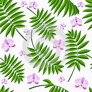 Purple orchid green palm branch on white seamless pattern