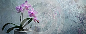 Purple orchid in a silver pot on a frosted glass background