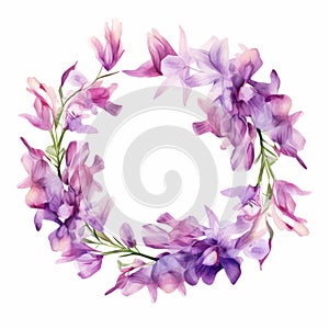 Purple Orchid Wreath: Watercolor Illustration With Lavender Flowers