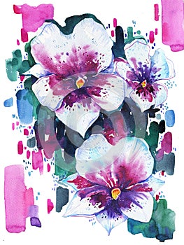Purple orchids. Hand drawn watercolor illustration
