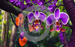 Purple orchids on a tree in the rainforest. Generative Al Illustration
