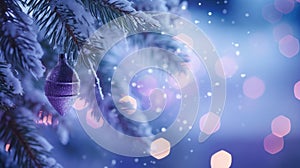 Purple ornaments on Christmas tree dark moody background. Merry Christmas Eve, Happy New Year concept. Lilac violet