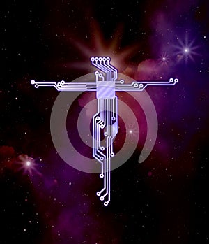 Purple outer space stars background.The cross of Jesus Christ in the style of circut electrical diagram. photo