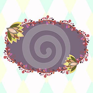 Purple oval frame with floral elements, template for invitation