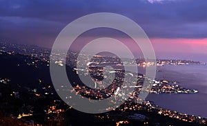 purple overview of Jounieh and Beirut, Lebanon, by night