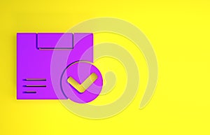 Purple Package box with check mark icon isolated on yellow background. Parcel box. Approved delivery or successful