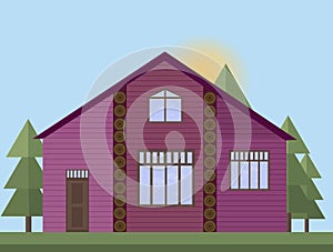 Purple painted Wooden house facade in the forrest. Vector illustration sunset background