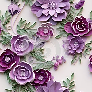 Purple Paper Flowers Arrangement On White Background