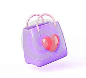Purple paper shopping bag with red heart 3d render icon. Love packet for gift delivery, present carry box template