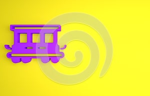 Purple Passenger train cars toy icon isolated on yellow background. Railway carriage. Minimalism concept. 3D render