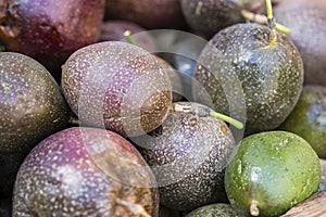 Purple passion fruit background, closeup. photo