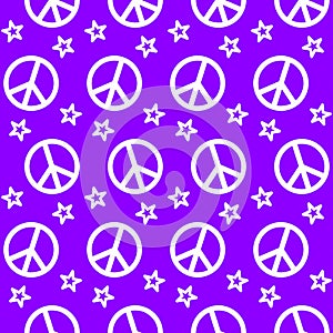 Purple peace sign pattern with stars. Seamless hippie vector background. Bright peaceful abstract feminine wallpaper.