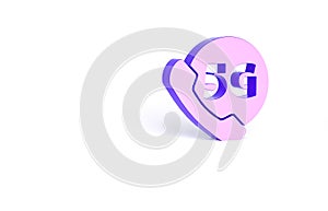 Purple Phone with 5G new wireless internet wifi icon isolated on white background. Global network high speed connection