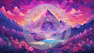 A purple and pink abstract background with the image of the sunset mountain landscape and the sacred geometry