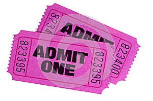 Purple pink admit one movie tickets isolated white background