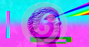 Purple pink antique sculpture on a retro vaporwave background. Contemporary art collage.