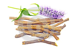 Purple pink blue flower liquorice roots sticks  Agastache garden herb licorice liquorice  isolated on white