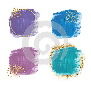 Purple, pink, blue and green watercolor brush stroke with gold glitter texture, confetti