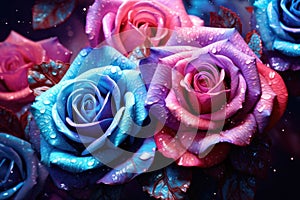 Purple Pink And Blue Rose Flowers Glitter Super Detail
