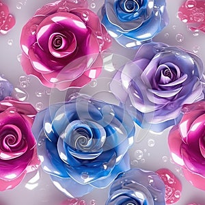 Purple Pink Blue Rose Flowers Glitter Super Detail Seamless Background. Generative AI