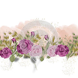 Purple and pink flowers with water color background seamless pattern border